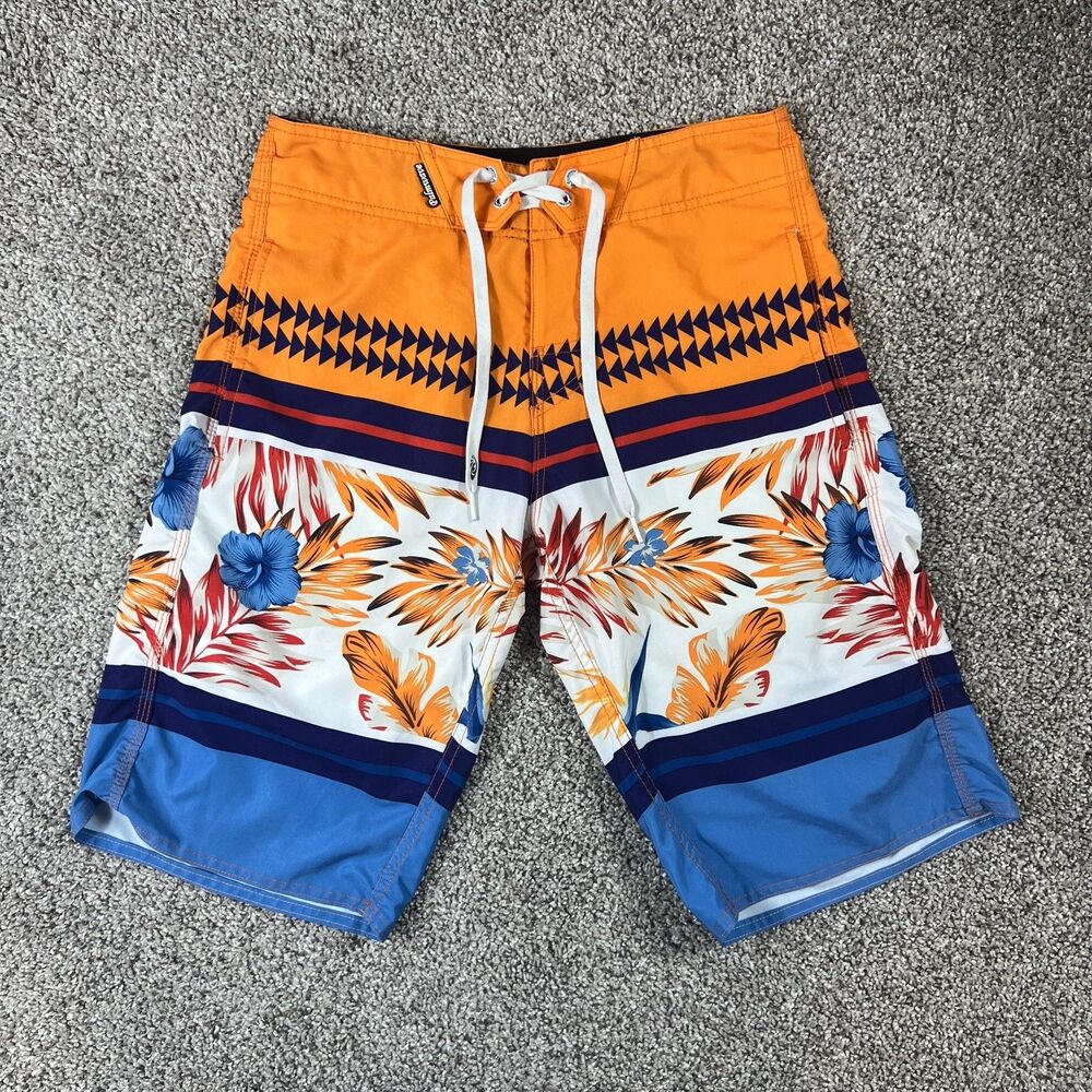 Boardshorts Mens 28 Long 12" Swim Tropical Zip Pocket Floral Orange Blue Surf